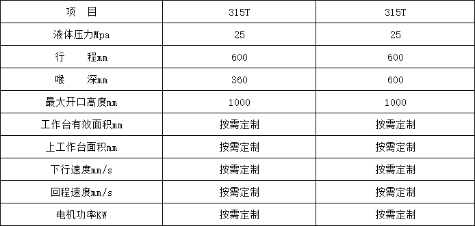 315噸單臂液壓機參數(shù)